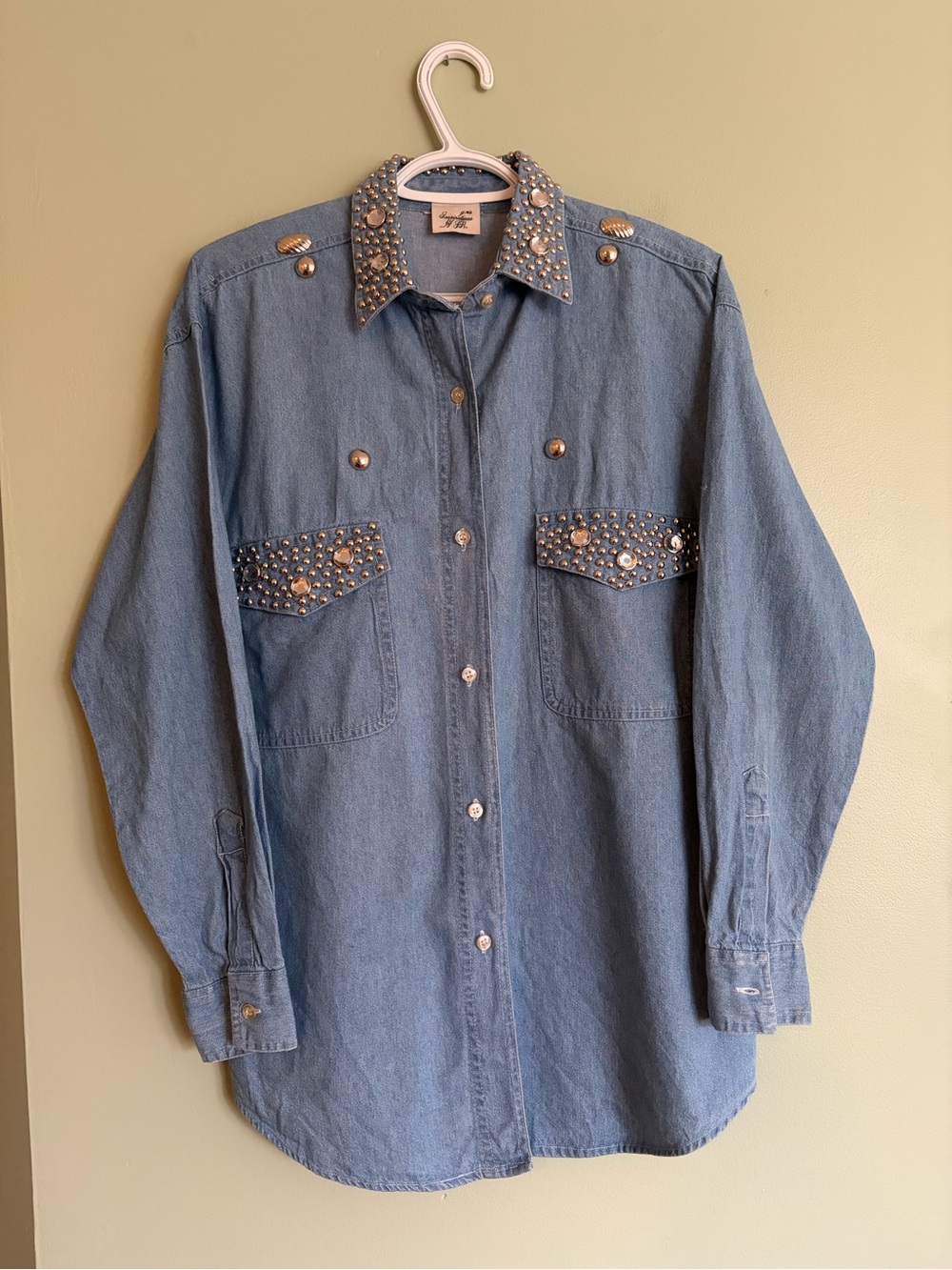 Vtg Inspirations by JR Studded Denim Shirt L XL Western Rhinestone Cowgirl 90s